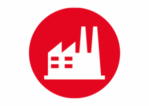 white industrial building illustration in red circle - Industrial, Commercial and Institutional Market cover