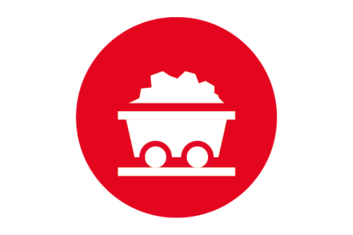 white mining cart illustration in a red circle - Mining Market cover