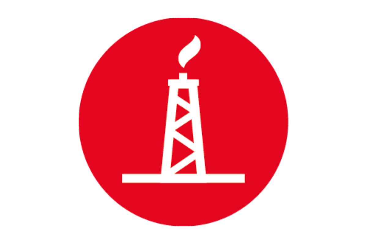white oil rig illustration in a red circle - Oil and Gas Market cover