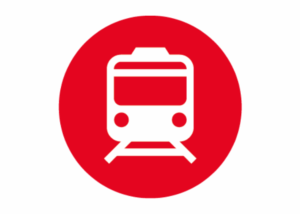 white train illustration in a red circle - Railways market cover