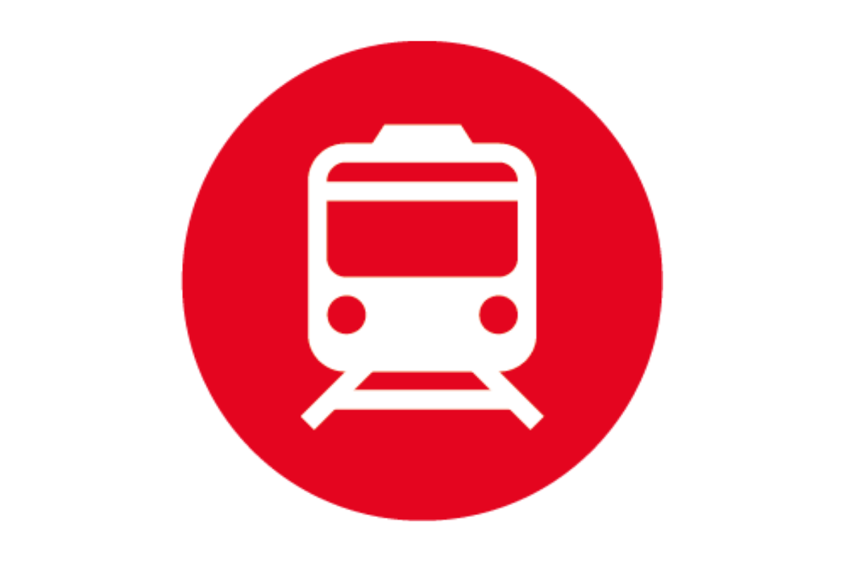 white train illustration in a red circle - Railways market cover