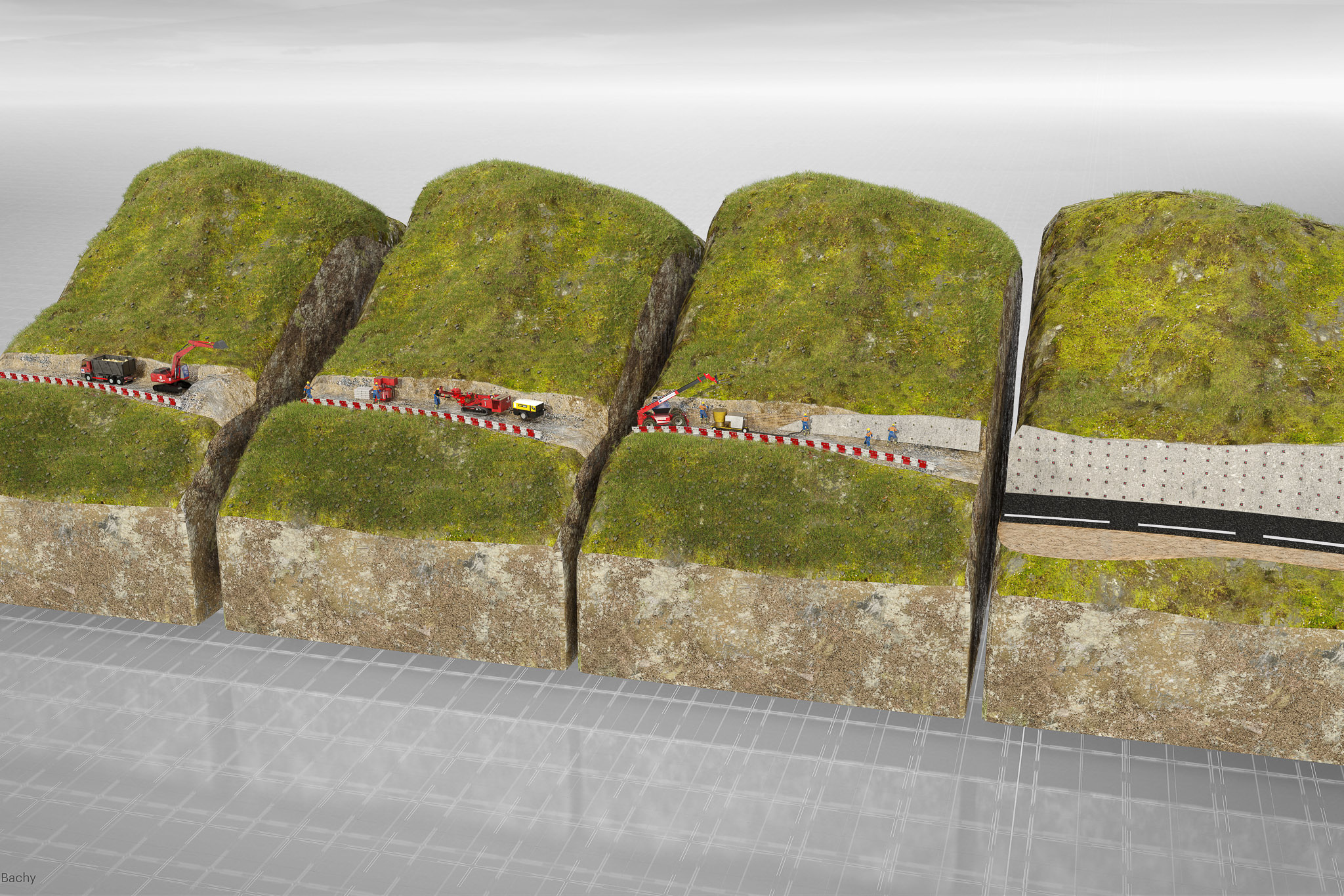Soil nails process illustration in 4 steps