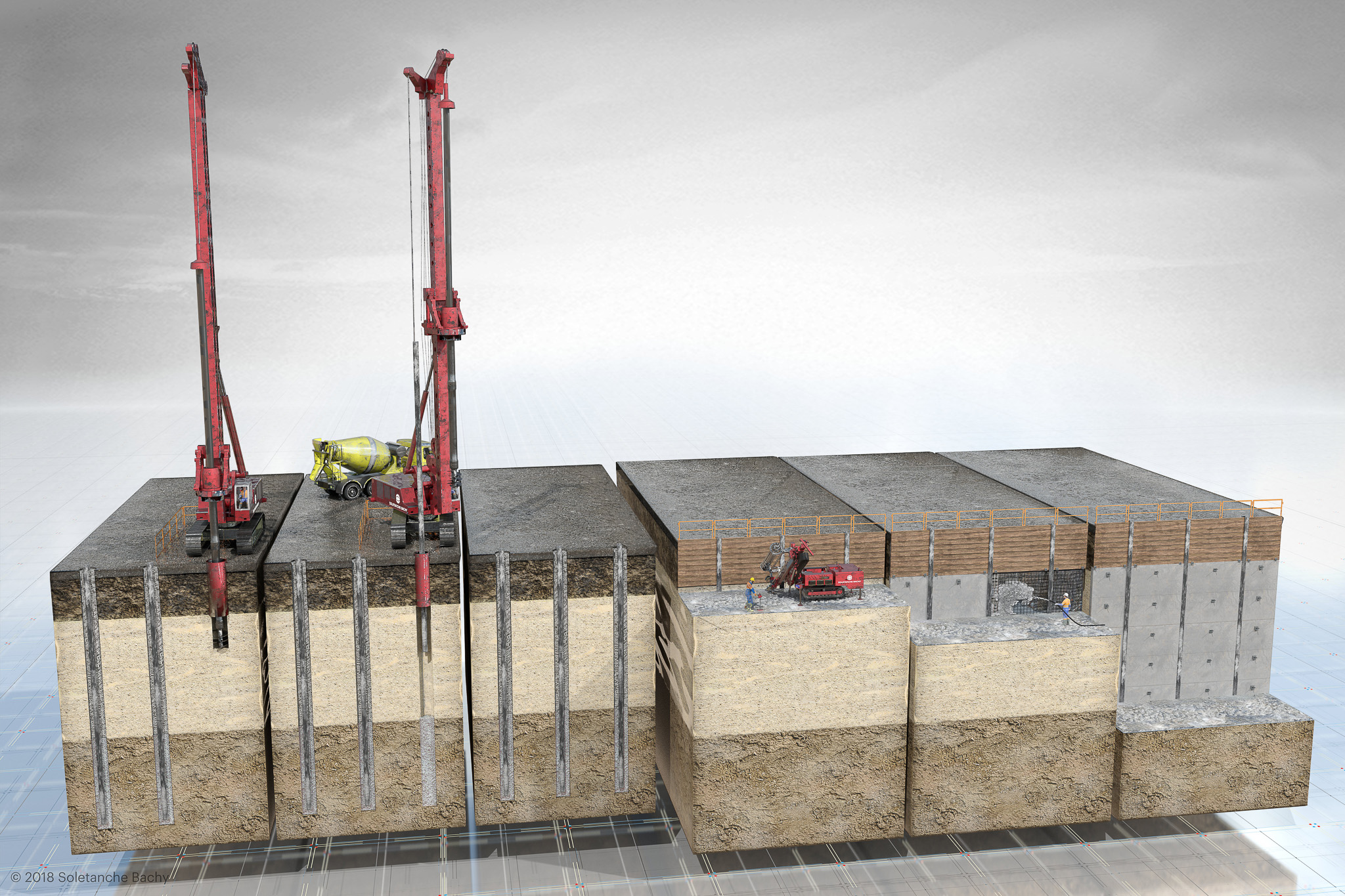 soldier pile wall illustration in 4 steps