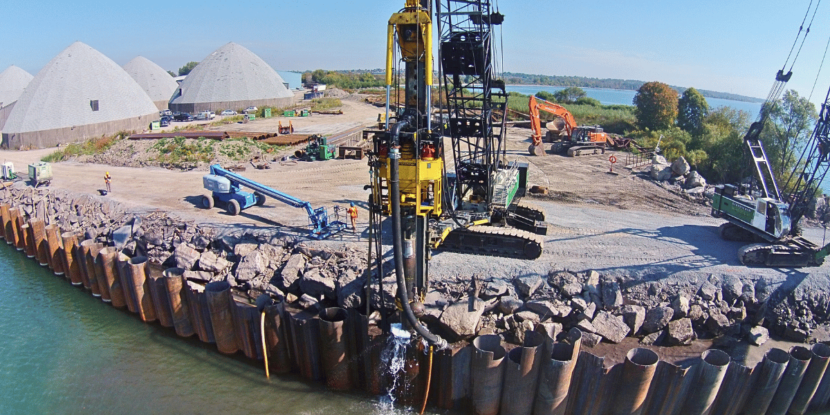 Photo of a project by Soletanche Bachy Canada showcasing the instalation of a sheet pile wall in Oshawa