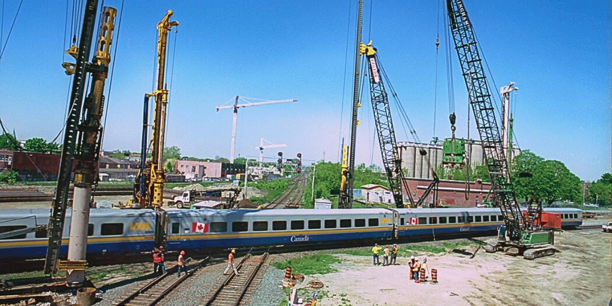 Photo of a railways project by Soletanche Bachy Canada, with a Canada train passing