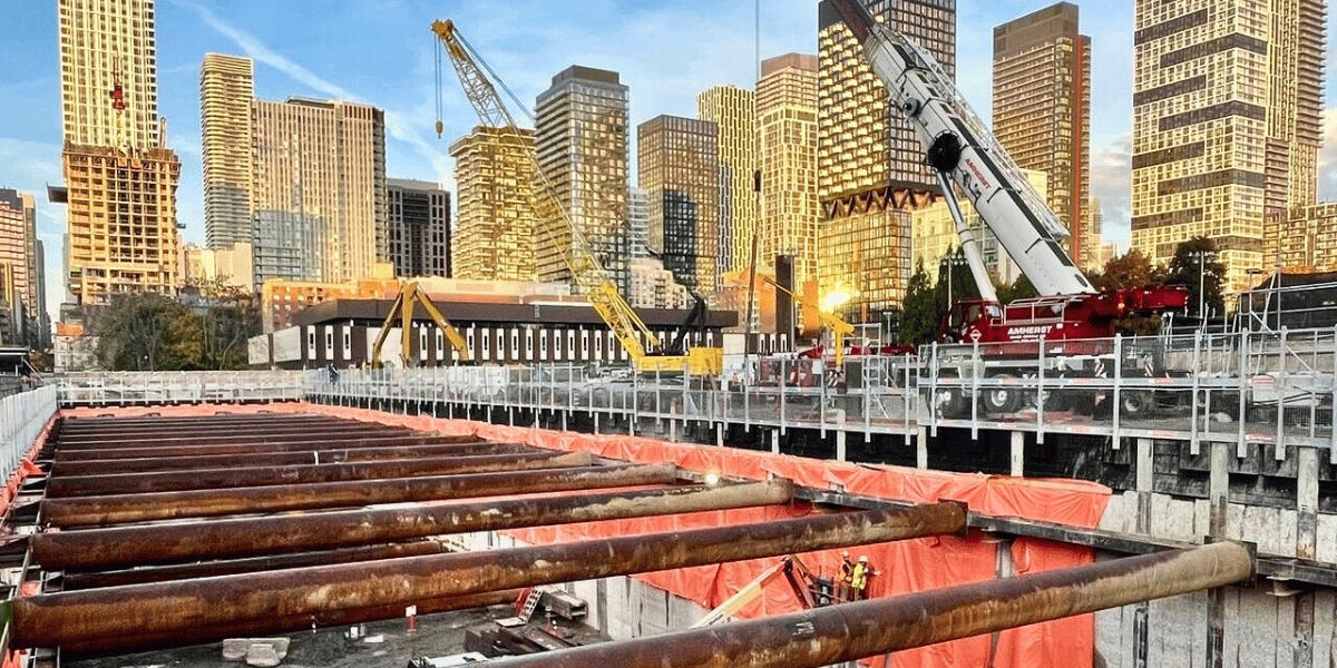 Photo of a metro railways project in Toronto by Soletanche Bachy Canada showcasing piles and the city skyline
