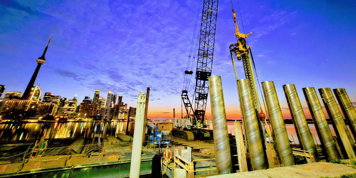 Photo of a project in Toronto by Soletanche Bachy Canada showcasing piles and the city skyline